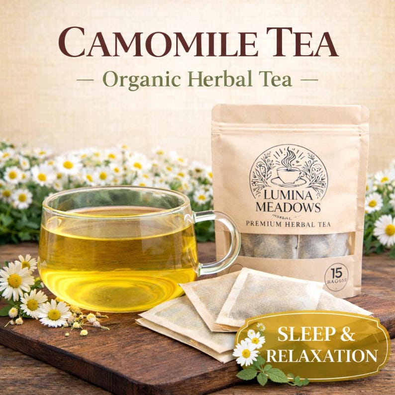 Lumina Meadows organic camomile tea bags with a cup of camomile tea and fresh flowers