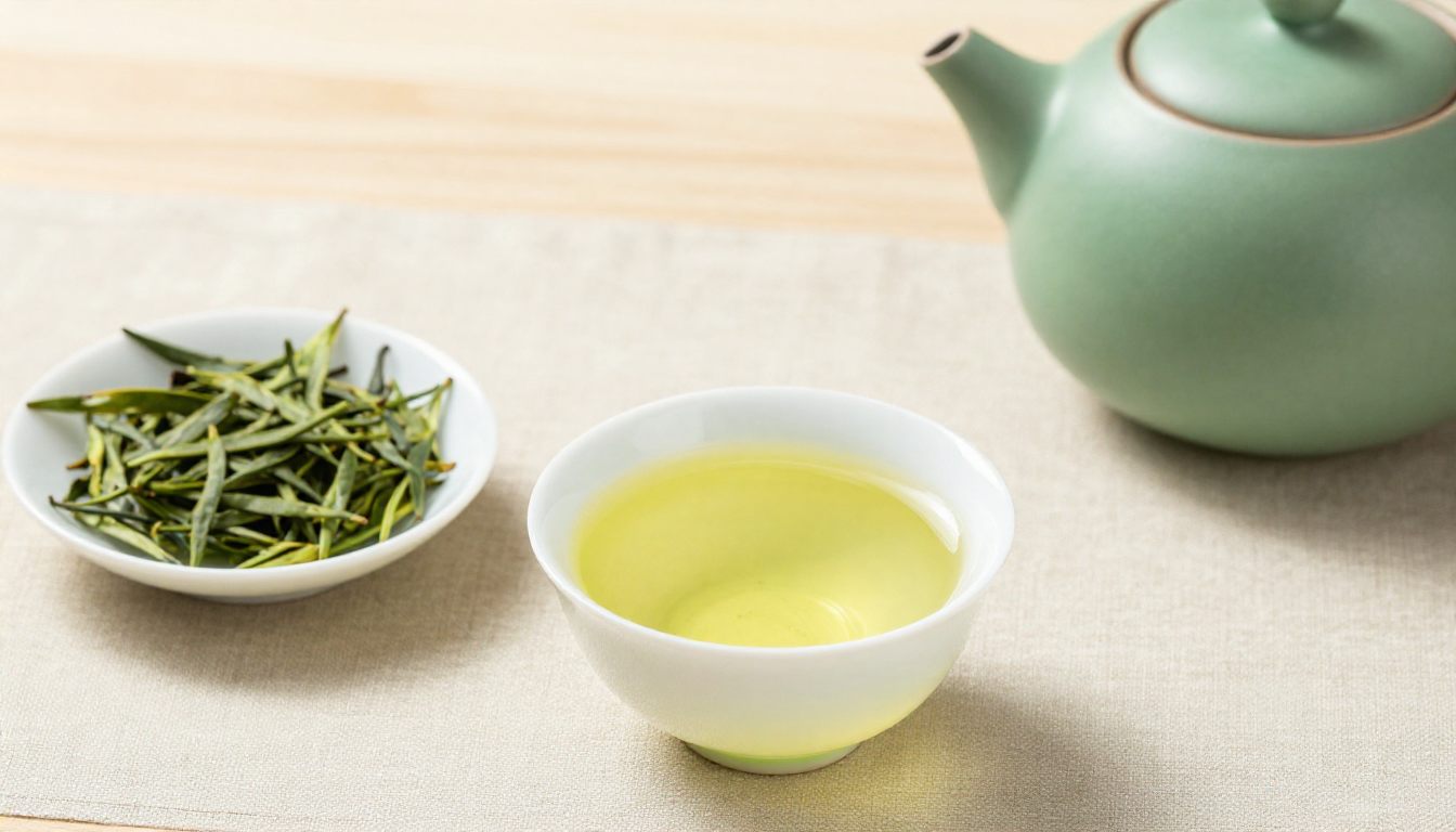 A small cup of bright green sencha tea beside a dish of green tea leaves and a teapot