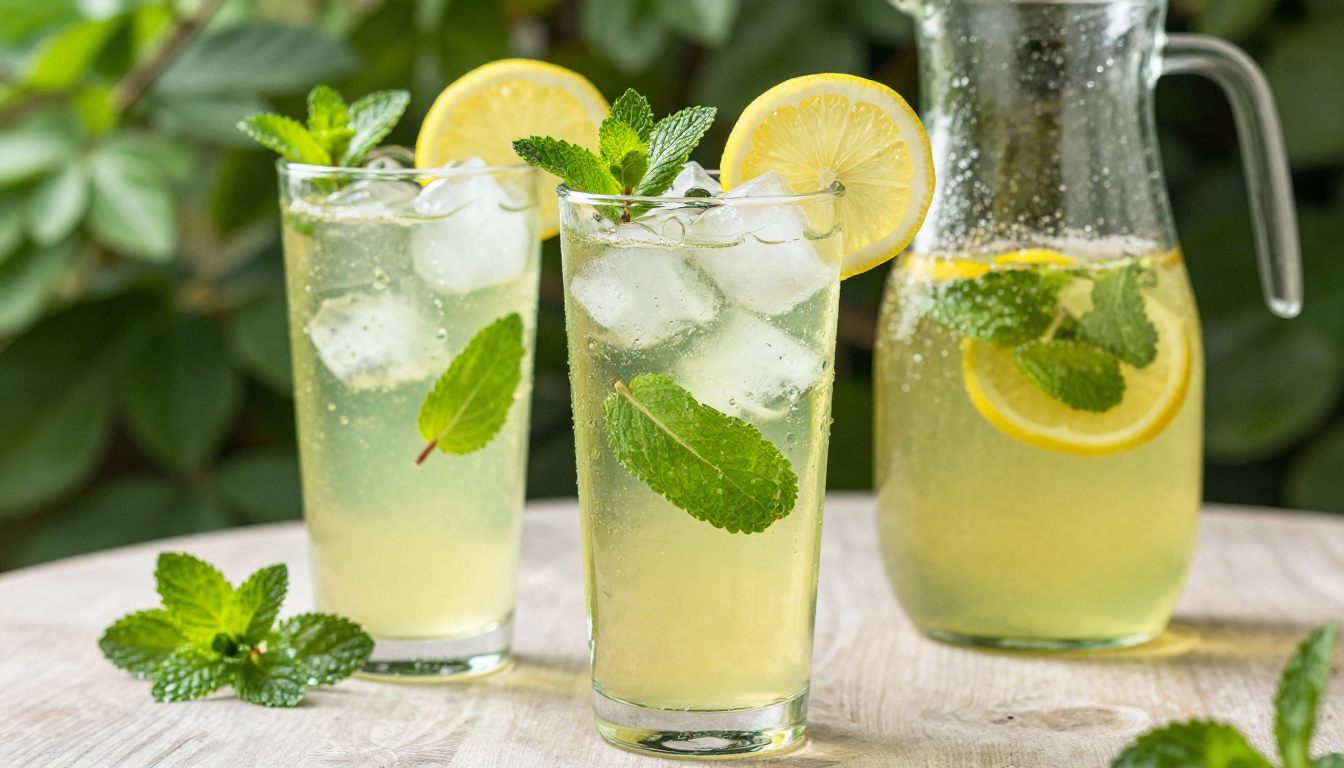 Two tall glasses of iced peppermint tea with ice, mint and lemon beside a jug on a garden table